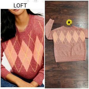 Loft Coral Blush Argyle Wool Sweater 🤎🩶